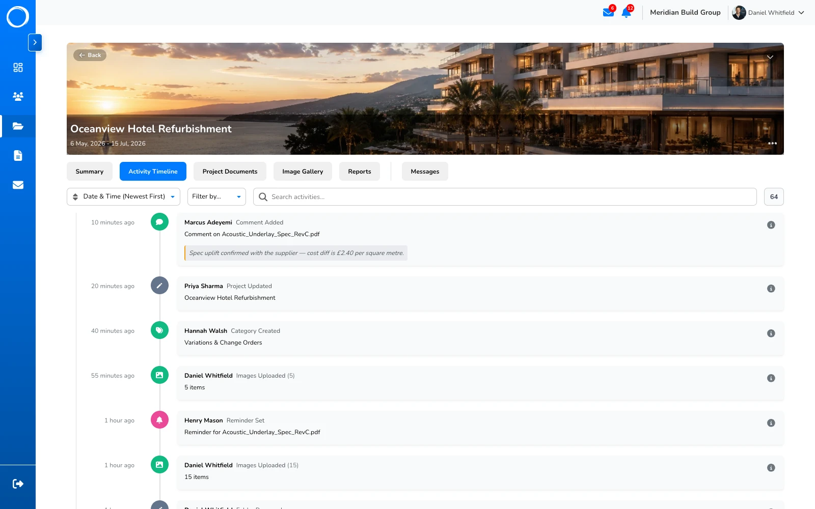 The project activity timeline in Portal Worx