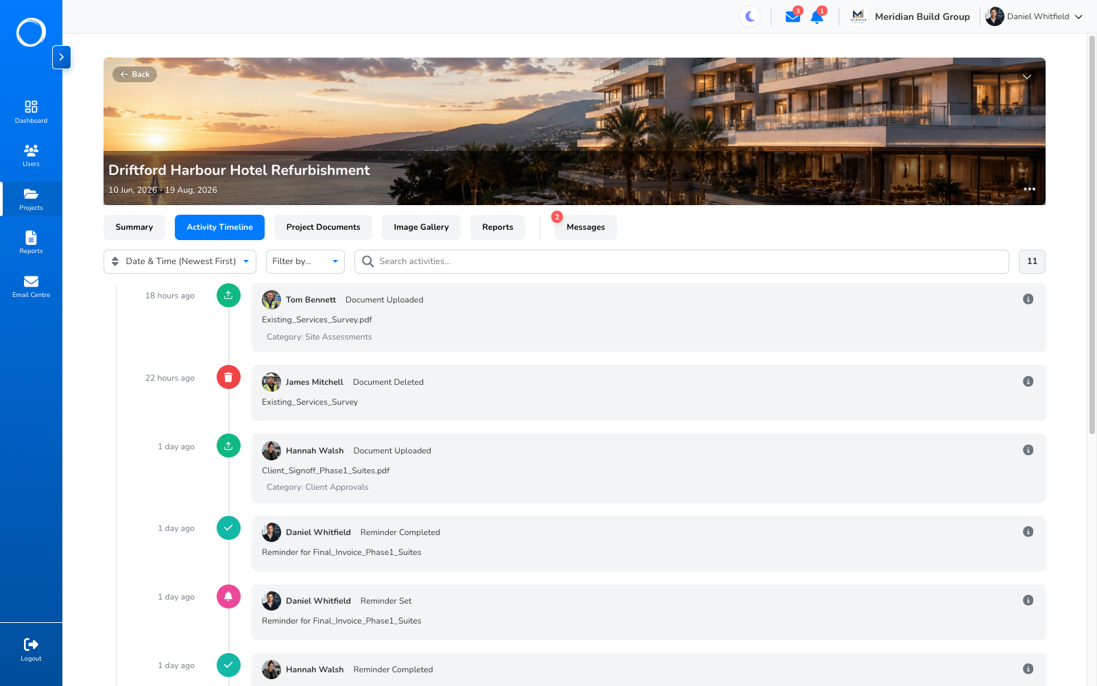 The project activity timeline in Portal Worx